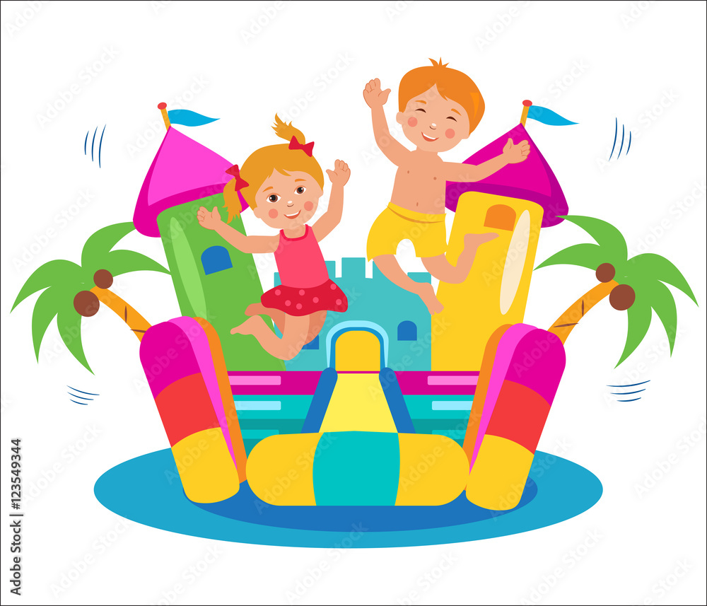 Cute Kids Jumping On A Bouncy Castle Set. Cartoon Illustrations On A White  Background. Bouncy Castle Rental. Bouncy Castle For Sale. Bouncy Castle  Commercial. Bouncy Castle For Kids. Castle Fun. Stock Vector |
