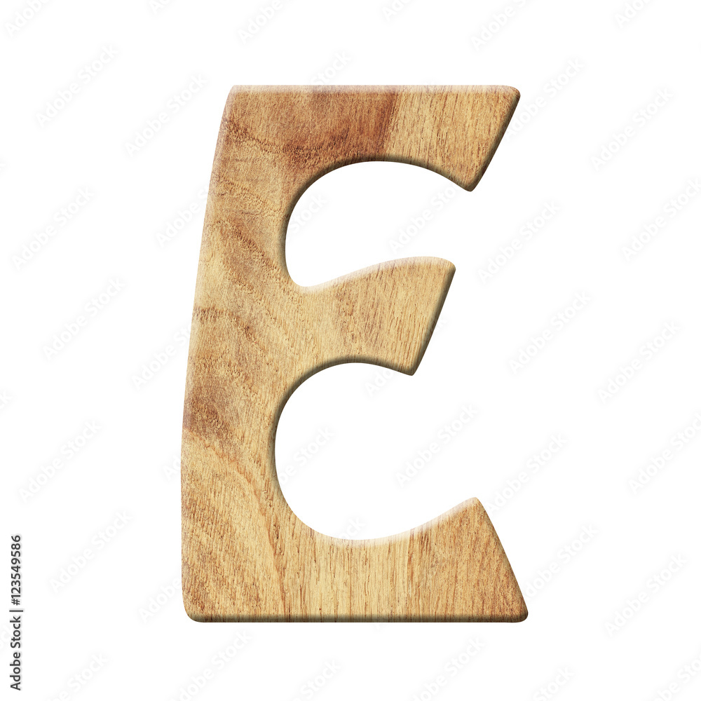 Wooden parquet alphabet letter symbol E. Isolated on white background