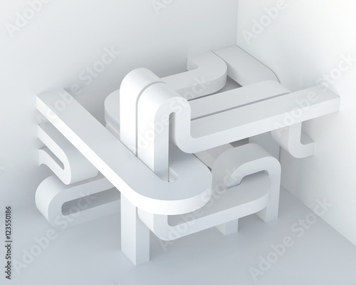 Fototapeta Naklejka Na Ścianę i Meble -  3d illustration. Abstract white three-dimensional architectural composition, background. Image and association: data transmission, pipeline, labyrinth, communications hub. Render.
