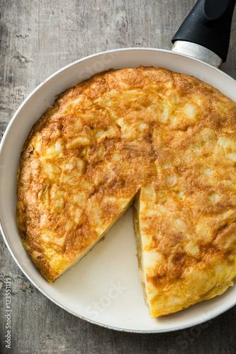 Traditional spanish omelette on fried pan