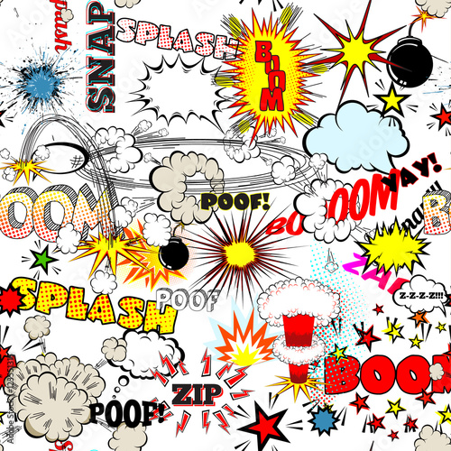 Seamless Comic Book Explosion, Bombs And Blast Set. Bubbles for speech, different sounds vector