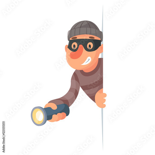 Thief with flashlight peeping out of the corner cartoon design vector illustration