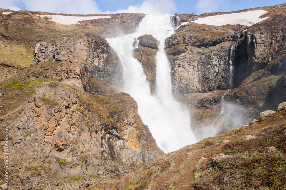 Wasserfall in Island mit einem Regenbogen
