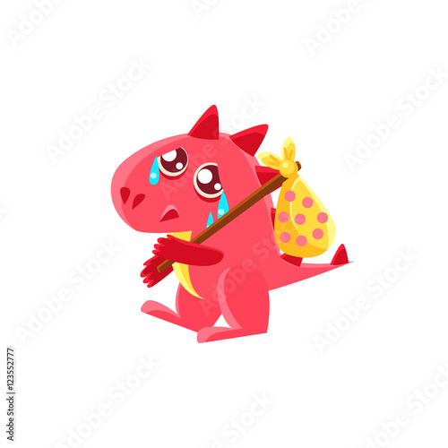Red Dragon Leaving WIth Sack On Stick Illustration