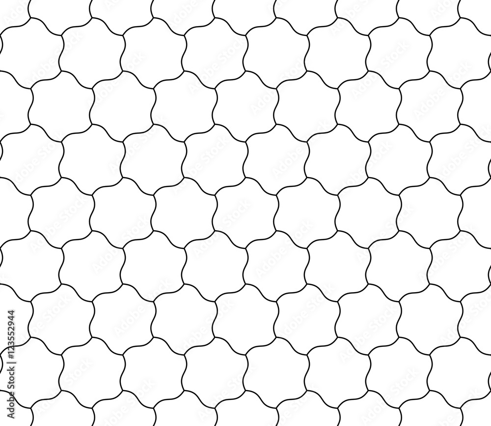 Seamless background of curved hexagons. Looks like puzzle od stars. Simple abstract pattern vector background in white with thin grey outline.