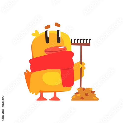 Duckling With Rake And Autumn Leaves Cute Character Sticker