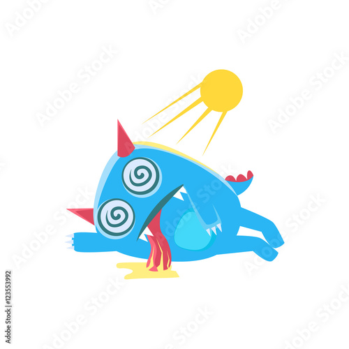 Blue Monster With Horns And Spiky Tail Heat Stroken
