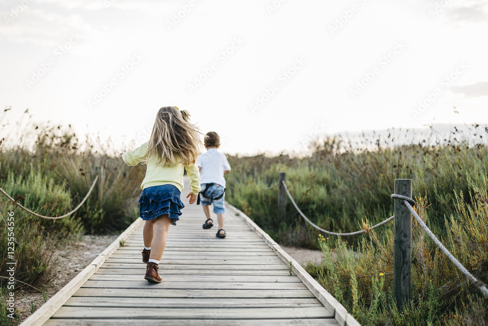 Back view of two little children playing together on boardwalk in nature Back view of two little children playing together on boardwalk in nature