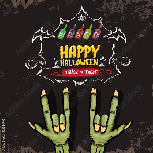 Happy halloween vector card with zombie hand.