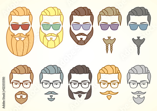 Vector illustration. Set of hipster face with mustaches and beards