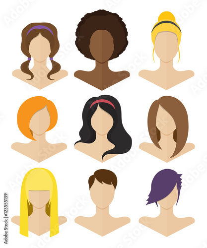 Vector illustration. Set of female busts with hairstyles of various styles in a flat design
