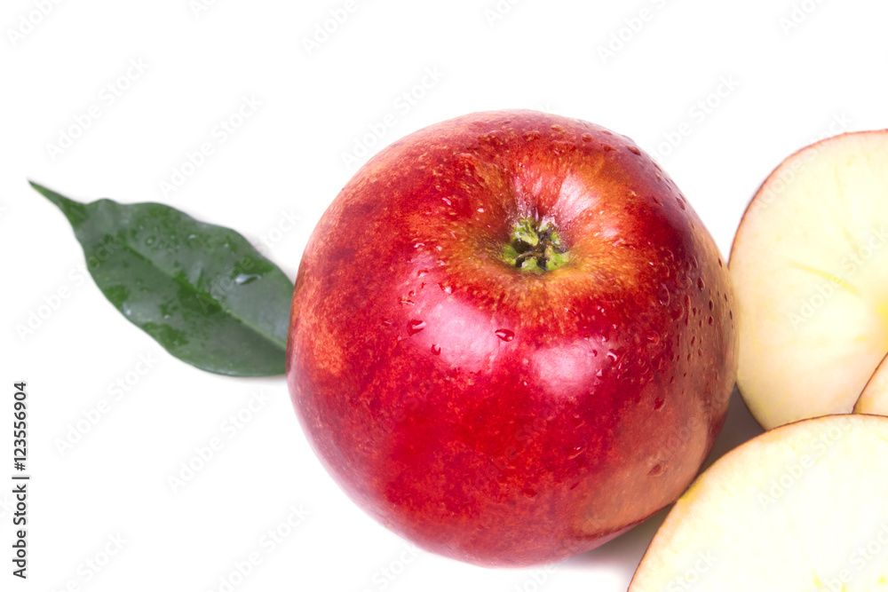one big bright red ripe apple with green leaf one big bright red ripe apple with green leaf