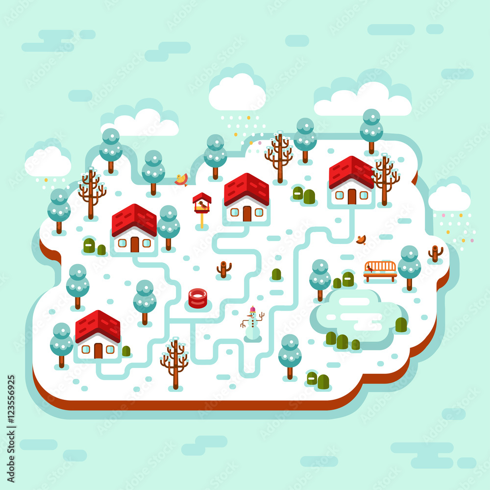 Vector flat style isometric 3d stock illustration of cartoon winter village, trees, well, footpath, pond, clouds, bench, snowman, birds feeders. Rural landscape.