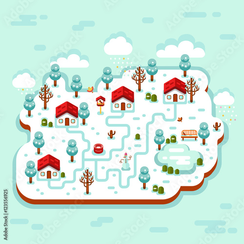 Vector flat style isometric 3d stock illustration of cartoon winter village, trees, well, footpath, pond, clouds, bench, snowman, birds feeders. Rural landscape.