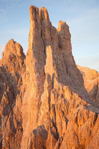 Sunset over the Vajolet towers in Dolomites