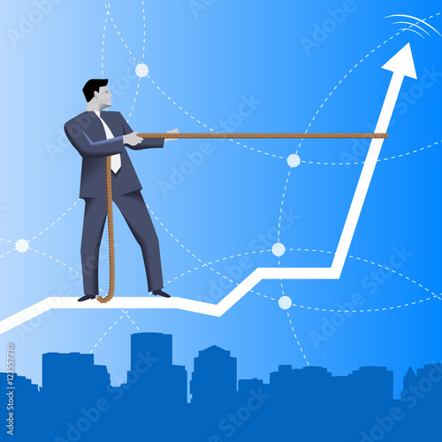 Trend taming business concept. Confident businessman in business suit riding on back of rising graph over the city.. Vector illustration. Use as template, logo, background or other design.