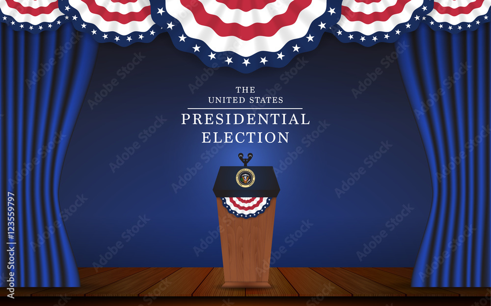 Presidential election banner background. President podium with microphone  on stage design for US Presidential election of 2016. Vector illustration.  Stock Vector | Adobe Stock