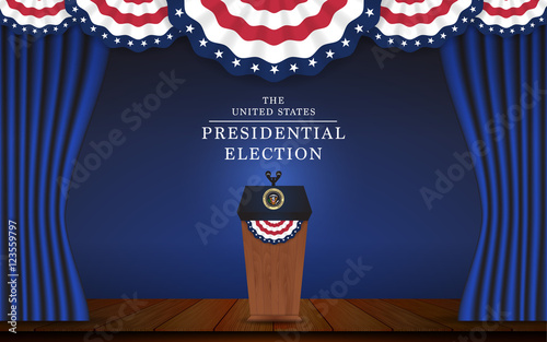 Presidential election banner background. President podium with microphone on stage design for US Presidential election of 2016. Vector illustration.
