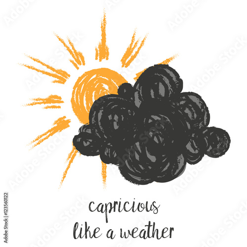 Vector illustration with cartoon handdrawn cloud and sun.