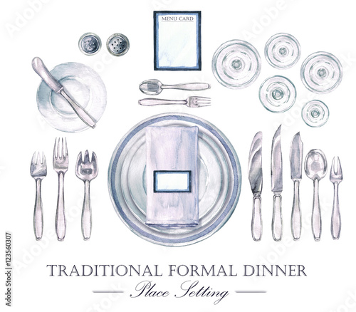 Foto Traditional Formal Dinner Place Setting. Watercolor Illustration