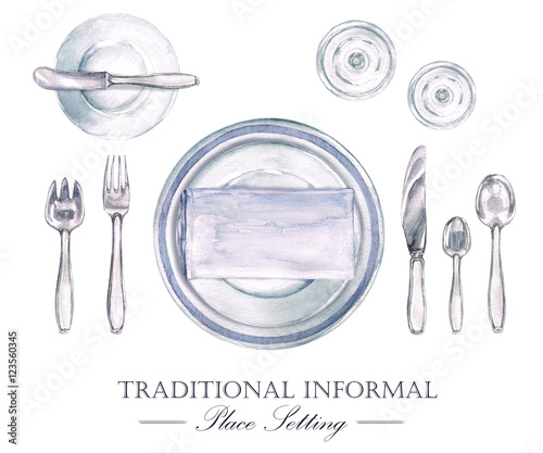 Valokuva Traditional Informal Place Setting. Watercolor Illustration