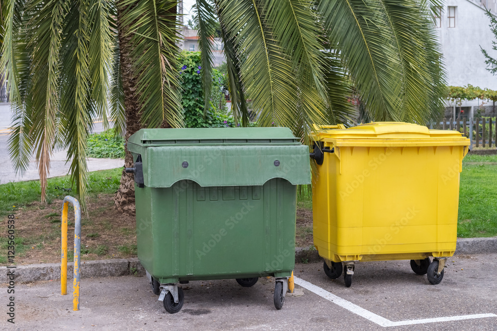 garbage containers in the street under a palm tree garbage containers in the street under a palm tree