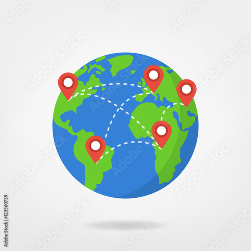 pin points on world map / travel concept illustration. location marker on globe, vector graphic.