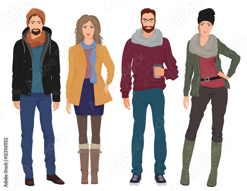 Handsome young guys men with beautiful girls models in autumn spring casual modern fashion clothes isolated. People couples.