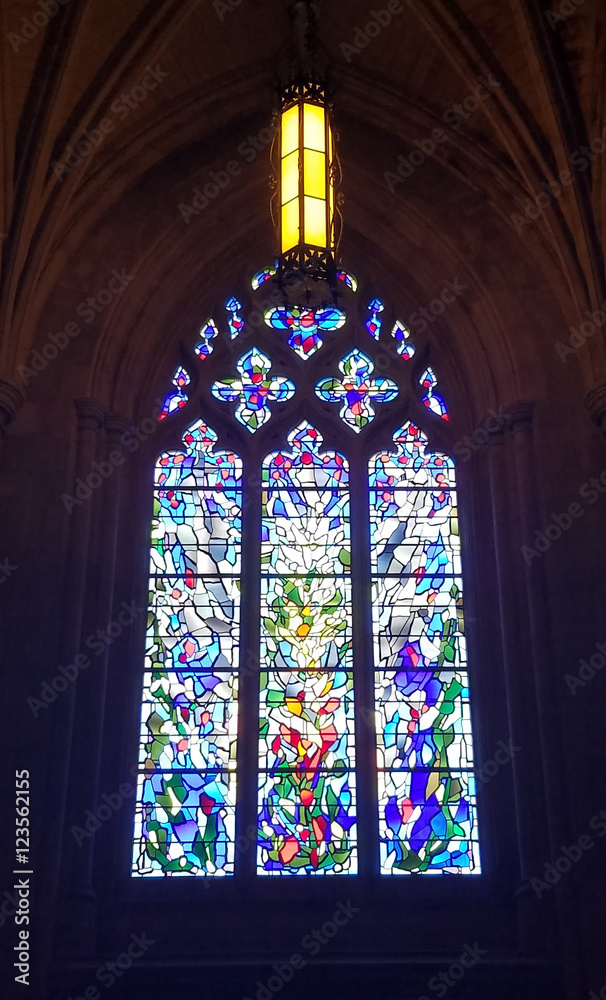 Religiously themed stained-glass window in the National Cathedral in Washington DC.