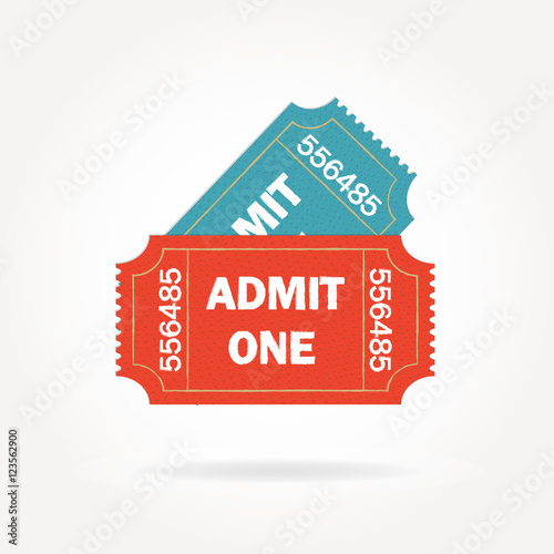 Admit one ticket isolated on white background. Two vintage cinema tickets. Colorful vector illustration.