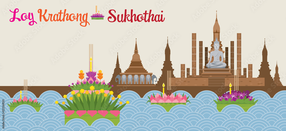 Fototapeta premium Loy Krathong Festival Background, Sukhothai, Celebration and Culture of Thailand