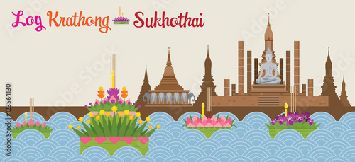 Принти на полотні Loy Krathong Festival Background, Sukhothai, Celebration and Culture of Thailand