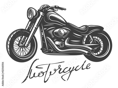 Detailed monochrome motorcycle with hand lettering. Vector illustration. Isolate on white.