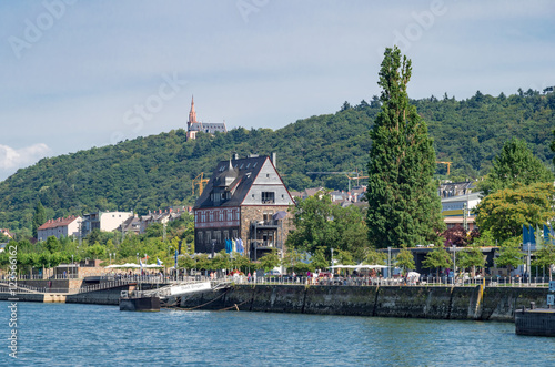 View on the landing place Bingen (Germany) with historical frame house from the Rhine River