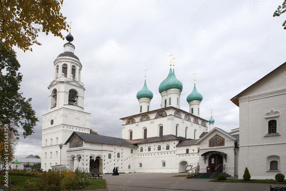Views of Holy gates and Church of St. Nicholas of cloud by day. Svyato-Vvedensky Tolgsky convent, Yaroslavl. The Golden ring of Russia