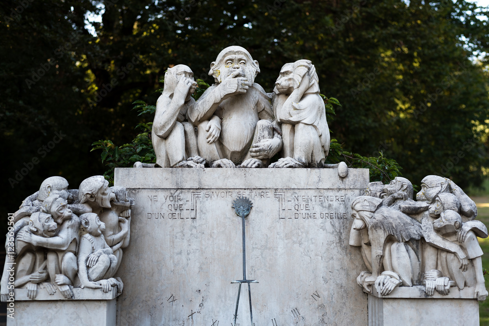 three monkey monument in Denantou Park, Lausanne, Switzerland