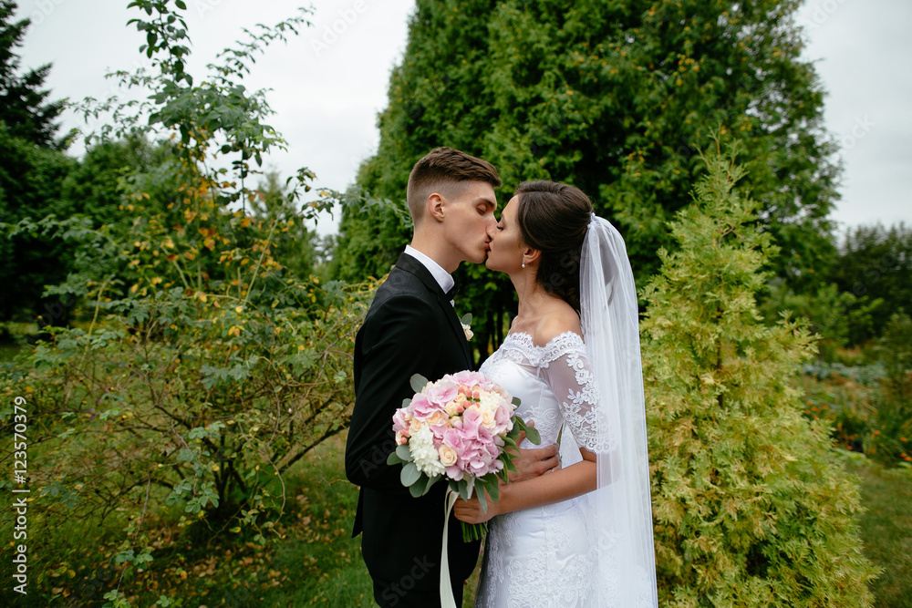 Wedding. Charming bride and groom kissing at their wedding day. Wedding. Charming bride and groom kissing at their wedding day.