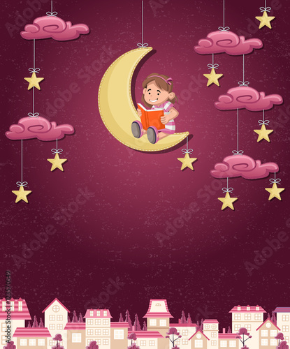 Cartoon girl reading a book on the moon. Sky with moon, stars and clouds hanging on strings over the city.
 