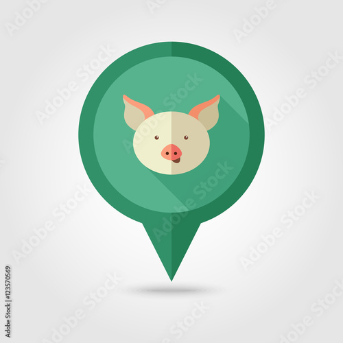 Pig flat pin map icon. Animal head vector