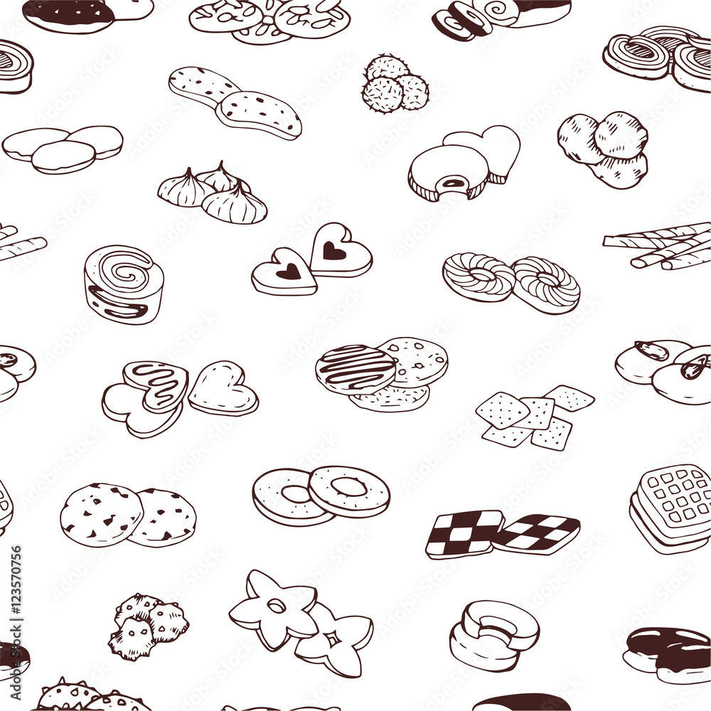 Doodle seamless pattern with different cookies and biscuits desserts ...