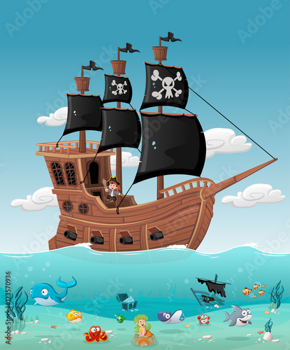 Cartoon pirate boy on a ship with fish and mermaid under water. 