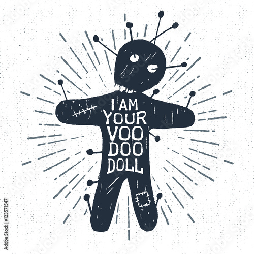 Hand drawn Halloween label with textured voodoo doll vector illustration and "I am your voodoo doll" lettering.