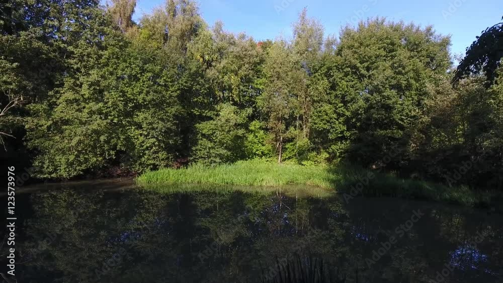 Low aerial view flying between tree out above a pool of calm water in a hidden area. Low aerial view flying between tree out above a pool of calm water in a hidden area.