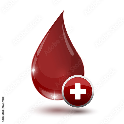 large glossy red drop of blood with medical sign