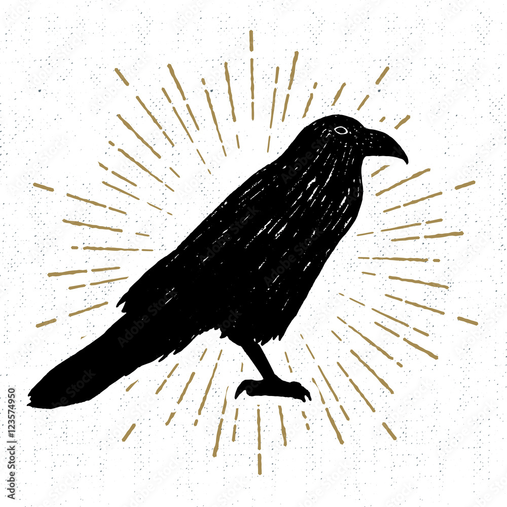 Fototapeta premium Hand drawn Halloween icon with a textured raven vector illustration.