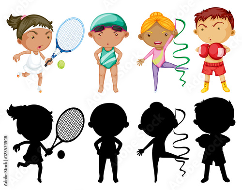 Kids doing different sports set with silhouette