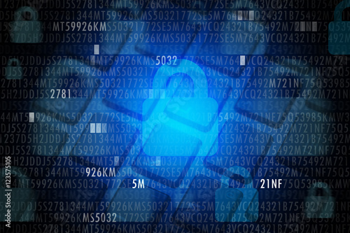 IT security concept with code and locker on blue background