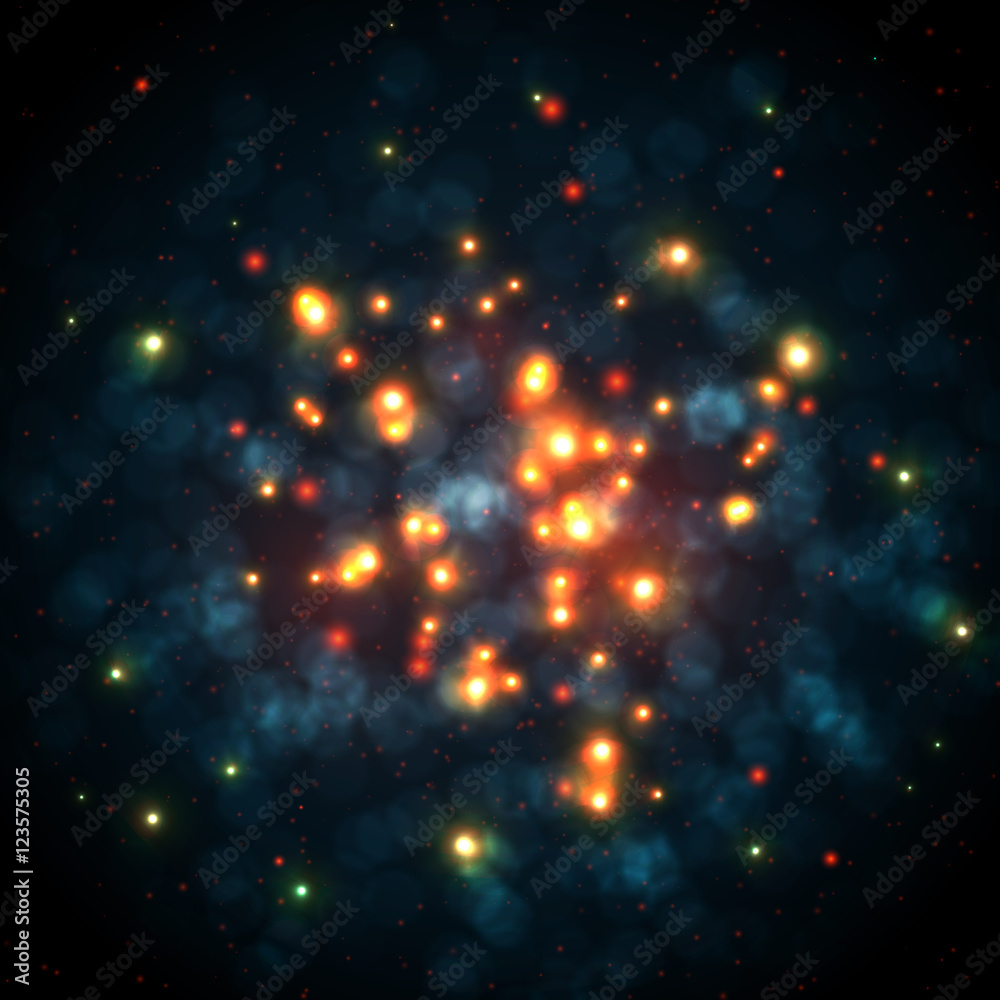 Orange sparkles in dark blue bokeh background, vector illustration