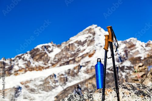Hiking Gear over Himalaya Mountains Background
