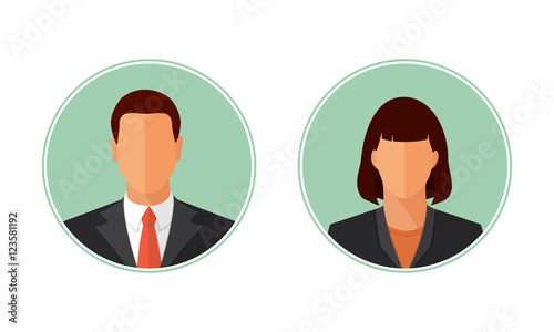 Business man and woman avatars, portraits. Flat style design vector circle illustration isolated on white. Male and female icon set.